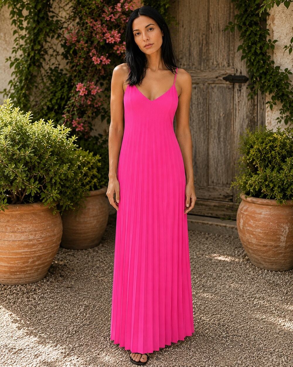 Skies Are Blue Hot Pink Pleated Maxi Dress Large Lined Adjustable Barbiecore